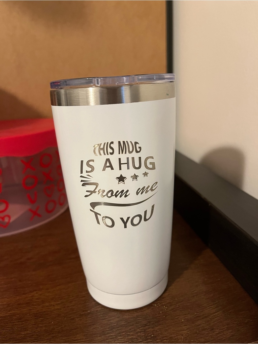 White Tumbler Travel Mug with Silver Accent - "This Mug Is A Hug"